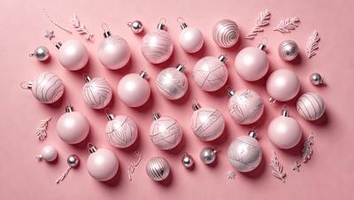 The primary subject of the image is a collection of pink ornaments, including Christmas ornaments and beads. These ornaments are displayed on a pink surface, which serves as the setting or background. The visual style of the image is a combination of photo and digital art, as it features a close-up view of the ornaments. The colors and mood of the image are predominantly pink, creating a warm and festive atmosphere.